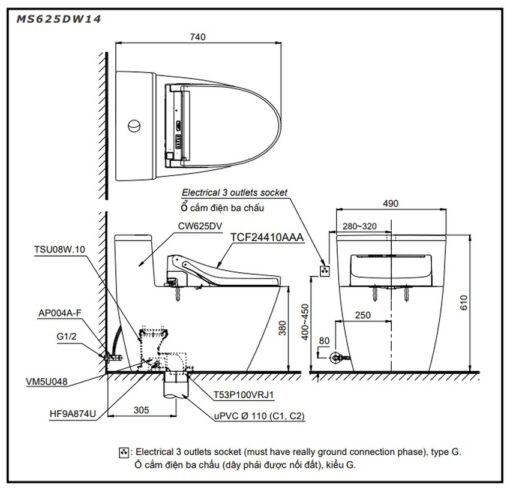 Bồn cầu TOTO MS625DW14 1 khối nắp điện tử Washlet C5 TCF24410AAA