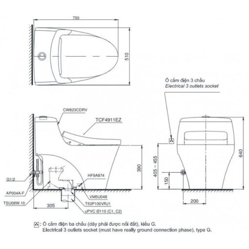 Bồn cầu TOTO MS823CDRW12 1 khối nắp điện tử Washlet S7 TCF4911EZ giấu dây