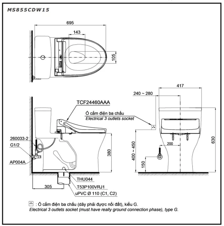 Nắp điện tử Washlet C5 của bồn cầu TOTO MS855CDW15 Nắp điện tử Washlet C5 của bồn cầu TOTO MS855CDW15