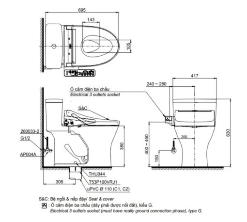 Bồn cầu TOTO MS855CDW17 1 khối nắp điện tử Washlet C2 TCF23460AAA giấu dây