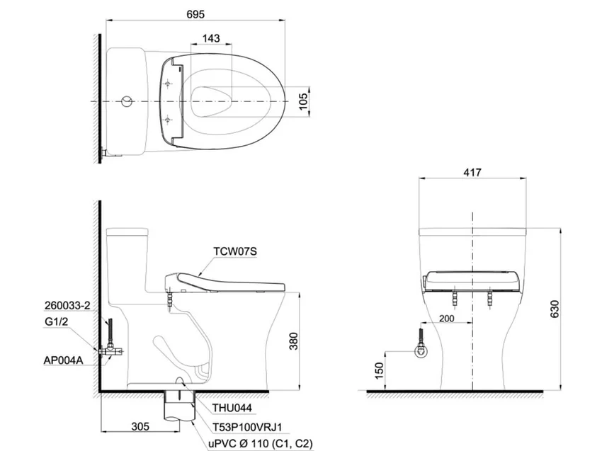 Bồn cầu TOTO MS855DE2 1 khối nắp rửa cơ TCW07S 9 Bồn cầu TOTO MS855DE2 1 khối nắp rửa cơ TCW07S