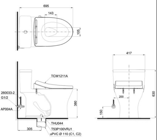 Bồn cầu TOTO MS855DE4 1 khối nắp rửa cơ TCW1211A