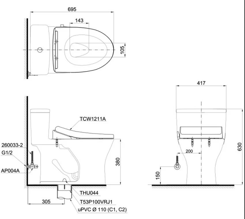Bồn cầu TOTO MS855DE4 1 khối nắp rửa cơ TCW1211A 9 Bồn cầu TOTO MS855DE4 1 khối nắp rửa cơ TCW1211A