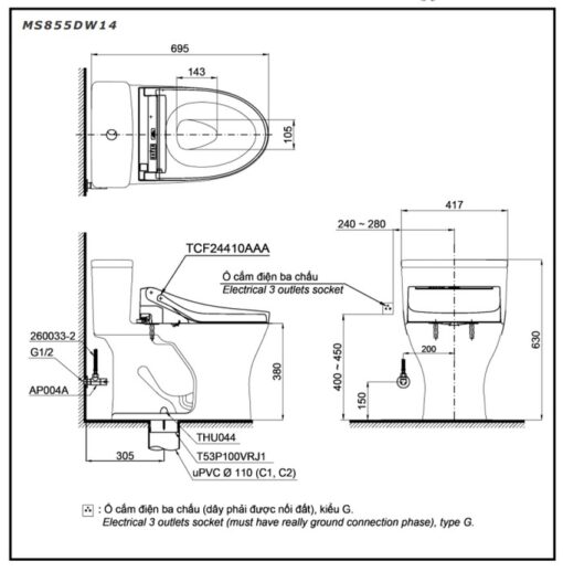 Bồn cầu TOTO MS855DW14 1 khối nắp điện tử Washlet C5 TCF24410AAA