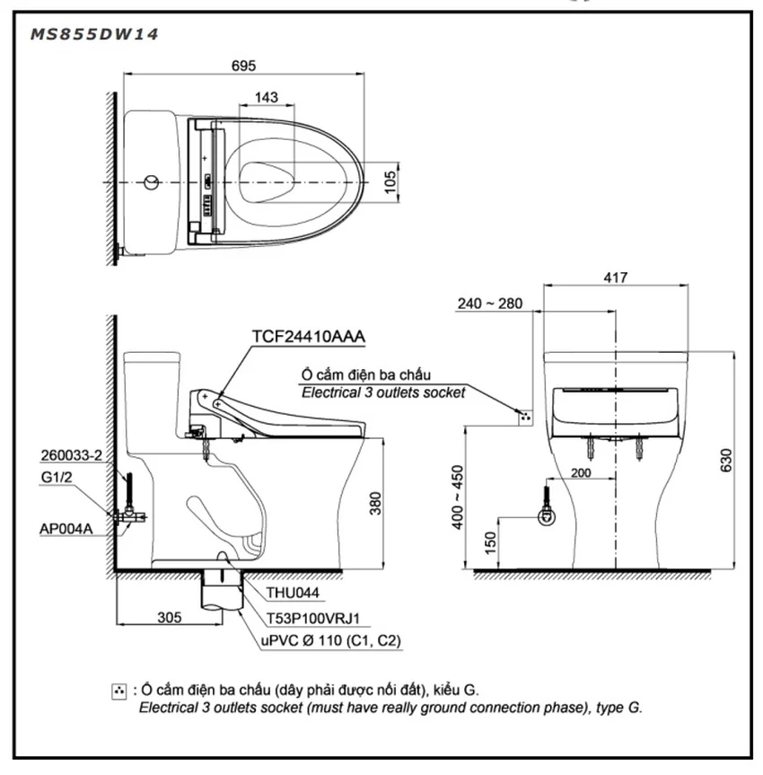Bồn cầu TOTO MS855DW14 1 khối nắp điện tử Washlet C5 TCF24410AAA 10 Bồn cầu TOTO MS855DW14 1 khối nắp điện tử Washlet C5 TCF24410AAA
