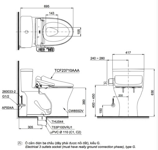 Bồn cầu TOTO MS855DW18 1 khối nắp điện tử TCF23710AAA Washlet C2 cơ bản