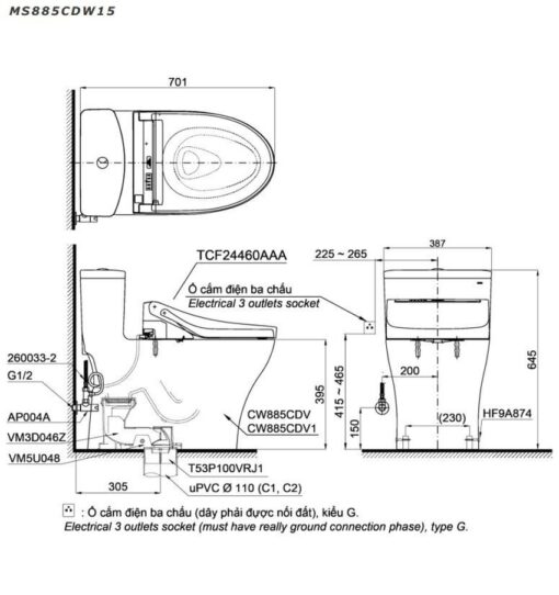 Bồn cầu TOTO MS885CDW15 1 khối nắp điện tử Washlet C5 TCF24460AAA giấu dây