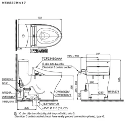 Bồn cầu TOTO MS885CDW17 1 khối nắp điện tử Washlet C2 TCF23460AAA giấu dây