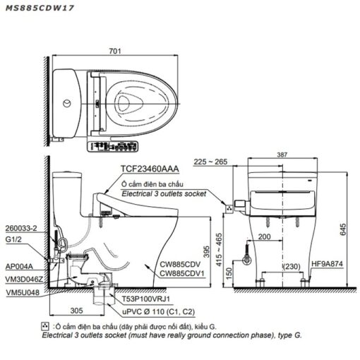 Bồn cầu TOTO MS885CDW17 1 khối nắp điện tử Washlet C2 TCF23460AAA giấu dây