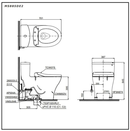 Bồn cầu TOTO MS885DE2 1 khối nắp rửa cơ TCW07S