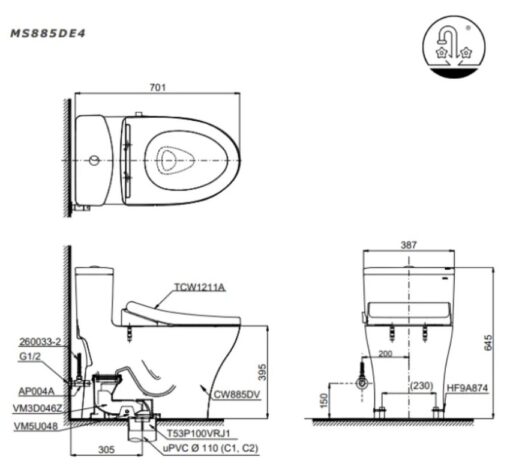 Bồn cầu TOTO MS885DE4 1 khối nắp rửa cơ TCW1211A