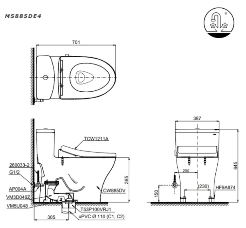 Bồn cầu TOTO MS885DE4 1 khối nắp rửa cơ TCW1211A 10 Bồn cầu TOTO MS885DE4 1 khối nắp rửa cơ TCW1211A