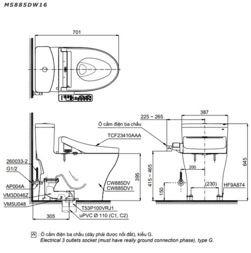 Bồn cầu TOTO MS885DW16 1 khối nắp điện tử Washlet C2 TCF23410AAA