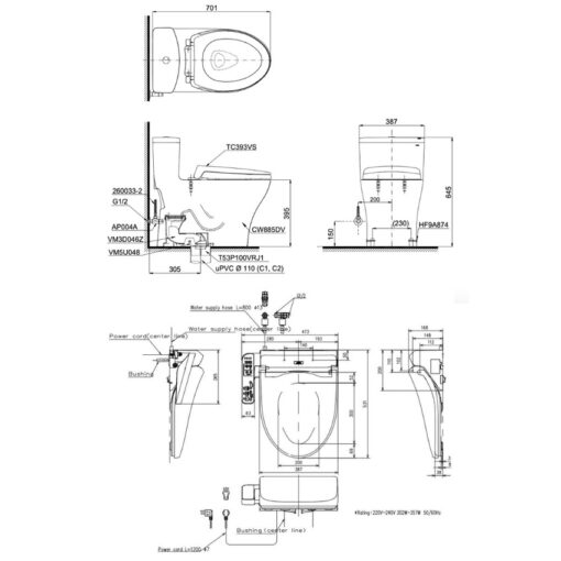 Bồn cầu TOTO MS885DW18 1 khối nắp điện tử Washlet C2 TCF23710AAA