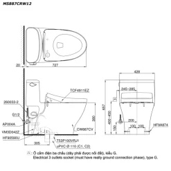 Bồn cầu TOTO MS887CRW12 1 khối nắp điện tử Washlet S7 TCF4911EZ giấu dây