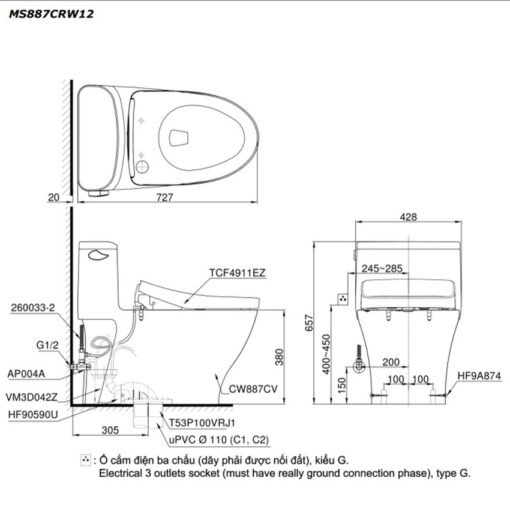 Bồn cầu TOTO MS887CRW12 1 khối nắp điện tử Washlet S7 TCF4911EZ giấu dây