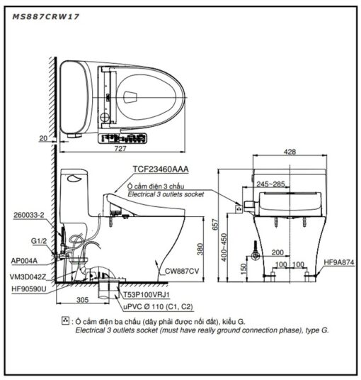 Bồn cầu TOTO MS887CRW17 1 khối nắp điện tử Washlet C2 TCF23460AAA giấu dây