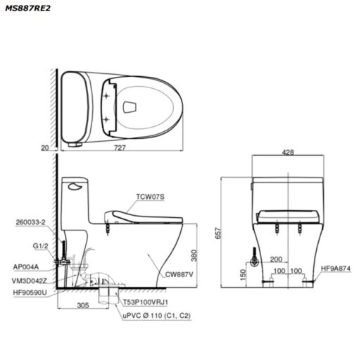 Bồn cầu TOTO MS887RE2 1 khối nắp rửa cơ TCW07S
