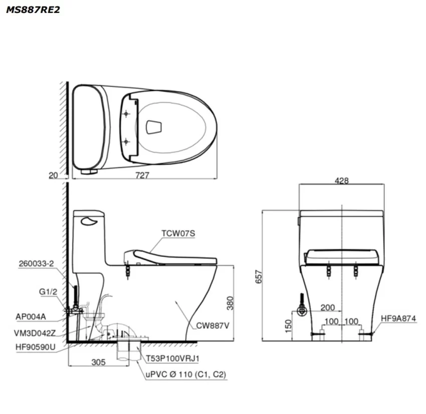 Bồn cầu TOTO MS887RE2 1 khối nắp rửa cơ TCW07S 10 Bồn cầu TOTO MS887RE2 1 khối nắp rửa cơ TCW07S