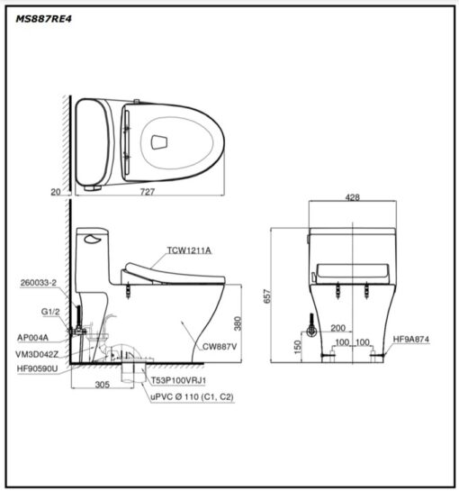 Bồn cầu TOTO MS887RE4 1 khối nắp rửa cơ TCW1211A