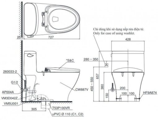 Bồn cầu TOTO MS887RW14 1 khối nắp điện tử Washlet C5 TCF24410AAA