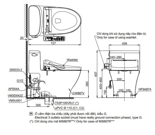 Bồn cầu TOTO MS887RW16 1 khối nắp điện tử Washlet C2 TCF23410AAA
