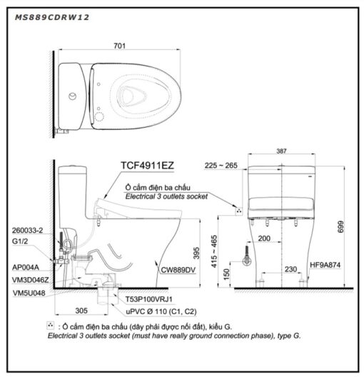 Bồn cầu TOTO MS889CDRW12 1 khối nắp điện tử Washlet S7 TCF4911EZ giấu dây