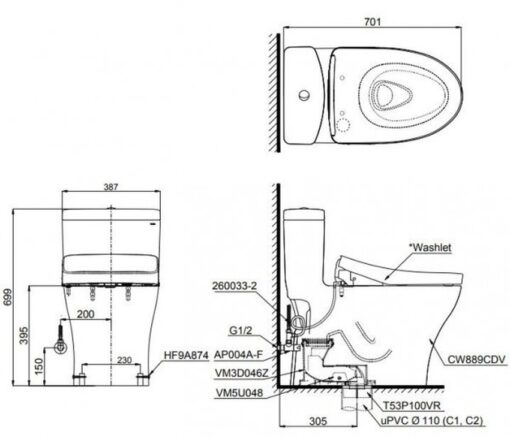 Bồn cầu TOTO MS889CDRW15 1 khối nắp điện tử Washlet C5 TCF24460AAA giấu dây