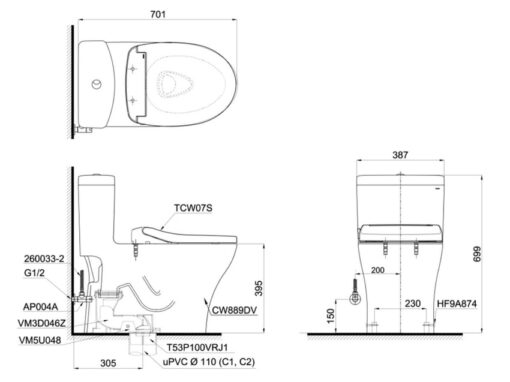 Bồn cầu TOTO MS889DRE2 1 khối nắp rửa cơ TCW07S