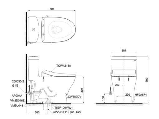 Bồn cầu TOTO MS889DRE4 1 khối nắp rửa cơ TCW1211A