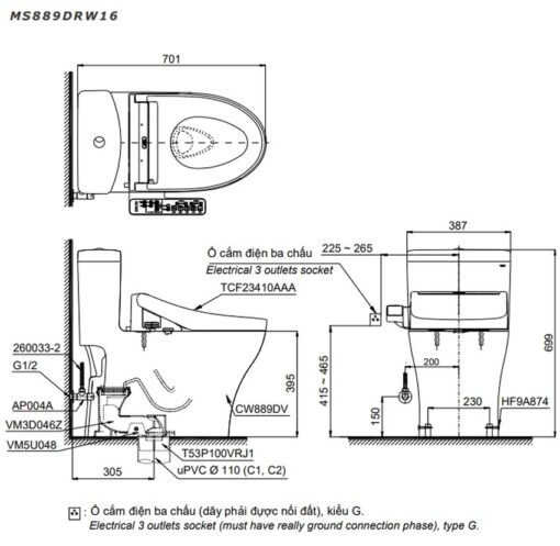 Bồn cầu TOTO MS889DRW16 1 khối nắp điện tử Washlet C2 TCF23410AAA