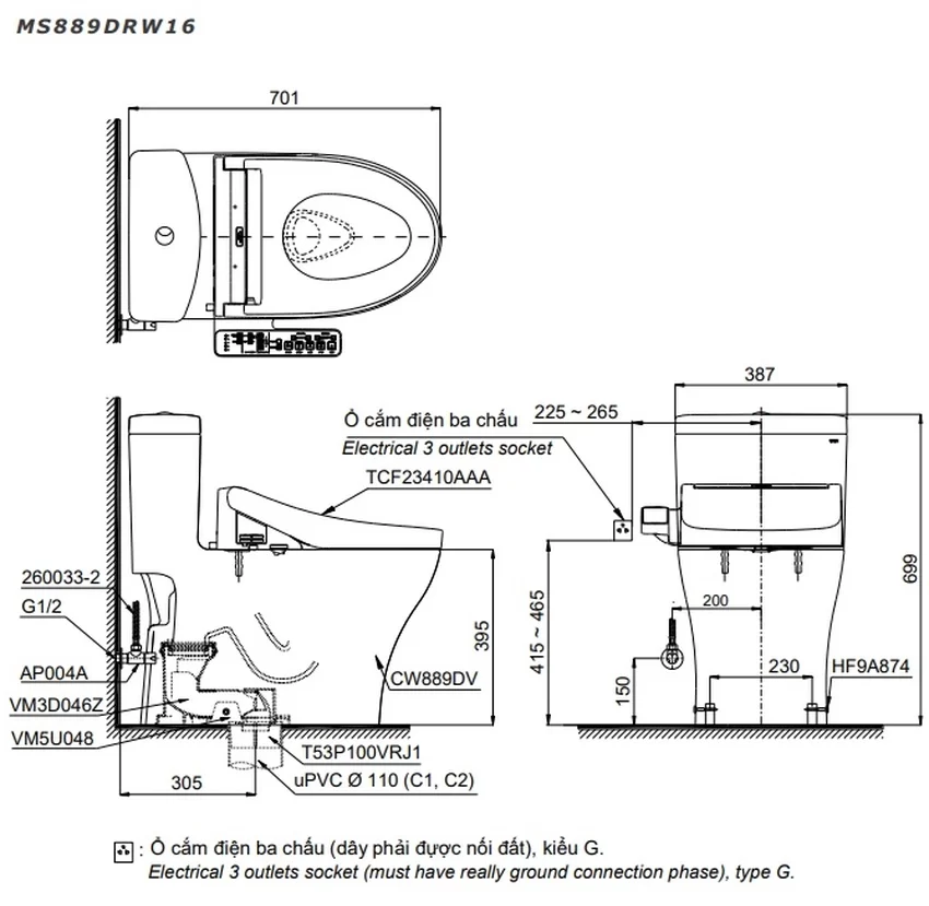 Bồn cầu TOTO MS889DRW16 1 khối nắp điện tử Washlet C2 TCF23410AAA 8 Bồn cầu TOTO MS889DRW16 1 khối nắp điện tử Washlet C2 TCF23410AAA