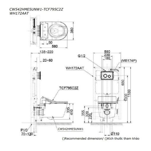 Bồn cầu treo tường điện tử RX (giấu dây) xả tự động TOTO CW542HME5U TCF795C2Z WH172AAT MB175M