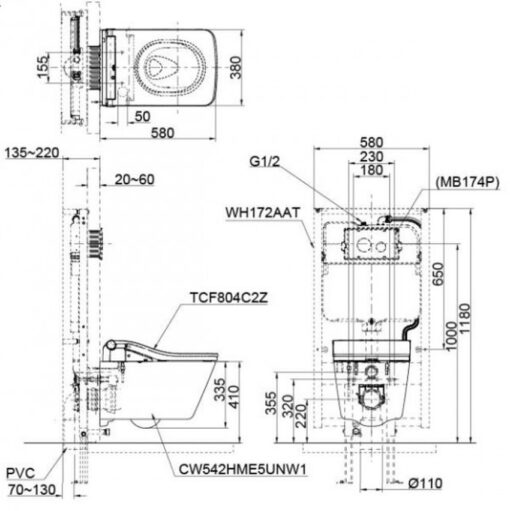 Bồn cầu treo tường điện tử SW (giấu dây) xả tự động TOTO CW522EA TCF804C2Z WH172AAT MB171M