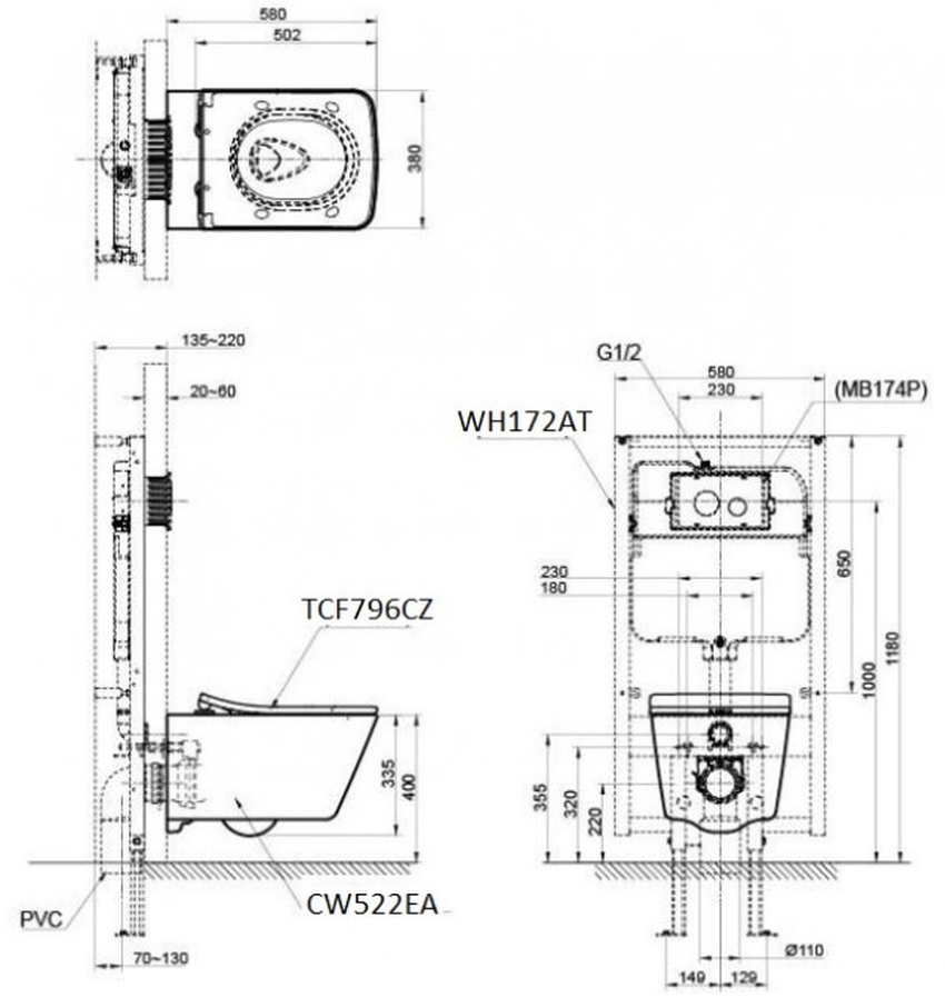 Bồn cầu treo tường điện tử TOTO CW522EA TCF796CZ WH172AT MB171M - Hình ảnh 5