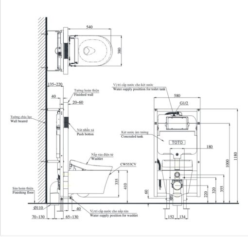 Bồn cầu treo tường điện tử (giấu dây) TOTO CW553C TCF33370GAA WH172AT TCA465 MB175M
