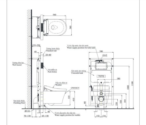 Bồn cầu treo tường điện tử (giấu dây) xả tự động TOTO CW553C TCF34570GAA WH172AAT TCA502 MB175M
