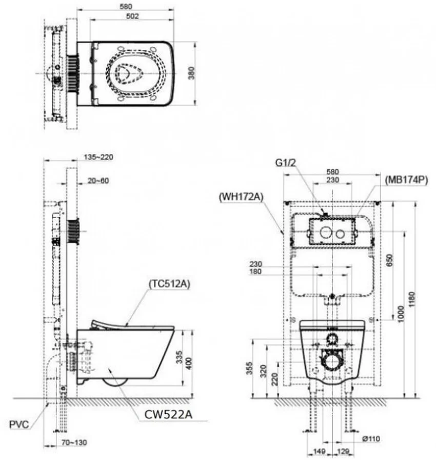 Bồn cầu treo tường nắp êm TOTO CW522A TC512A WH172A MB171M 13 Bồn cầu treo tường nắp êm TOTO CW522A TC512A WH172A MB171M
