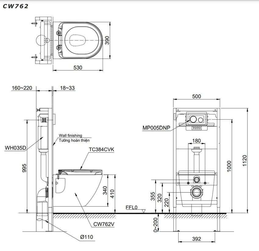 Bồn cầu treo tường TOTO CW762 TC384CVK WH172A MB176GH hình 10 Bồn cầu treo tường TOTO CW762 TC384CVK WH172A MB176GH hình 10