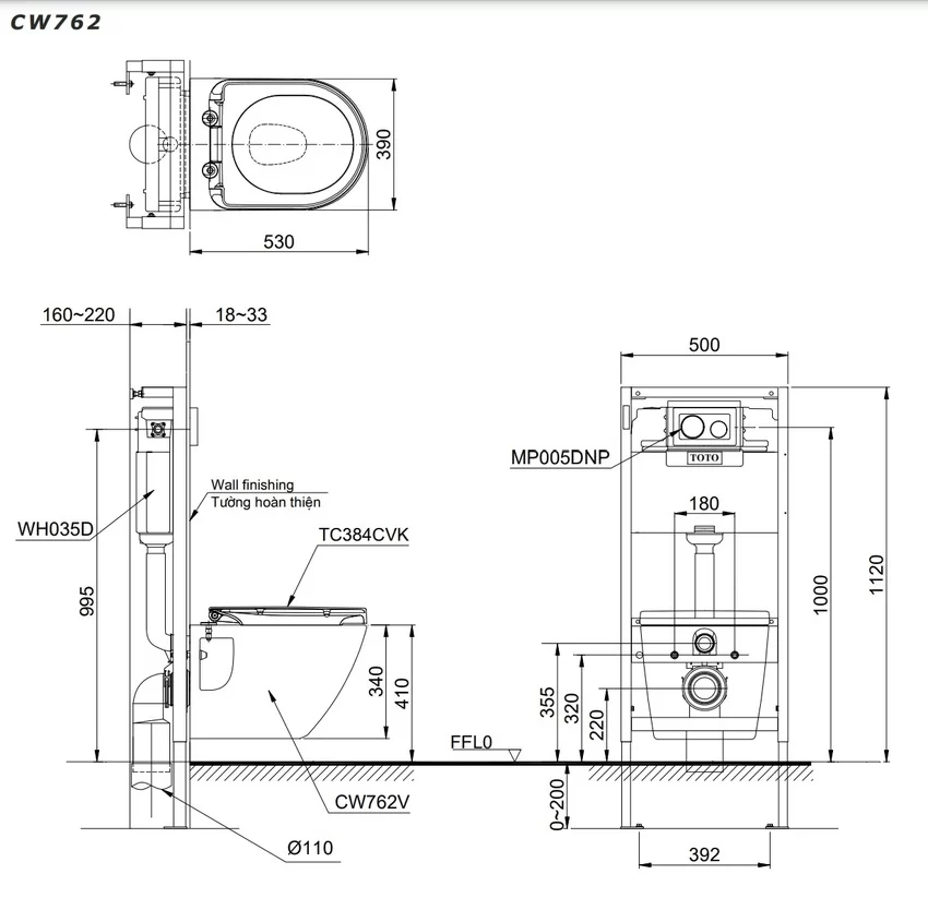 Bồn cầu treo tường TOTO CW762 TC384CVK WH172A MB176GH hình 10 Bồn cầu treo tường TOTO CW762 TC384CVK WH172A MB176GH hình 10