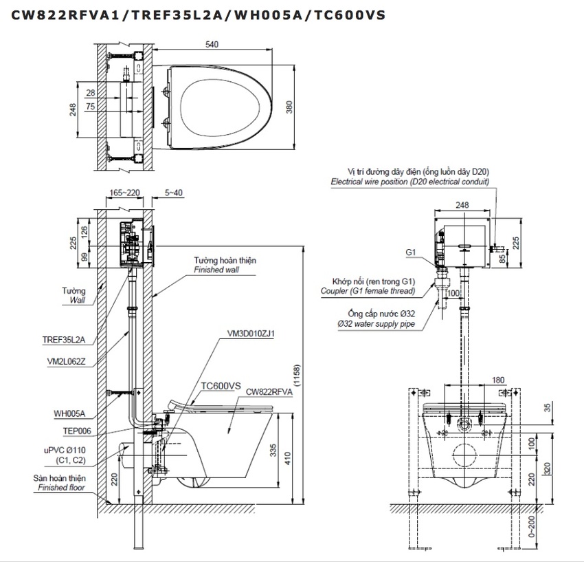Trang trí bồn cầu TOTO CW822RFVA1 TC600VS TREF35L2A WH005A