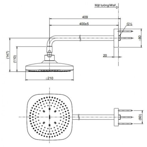 Bát sen tắm gắn tường TOTO TBW02003A (vuông, 210mm)