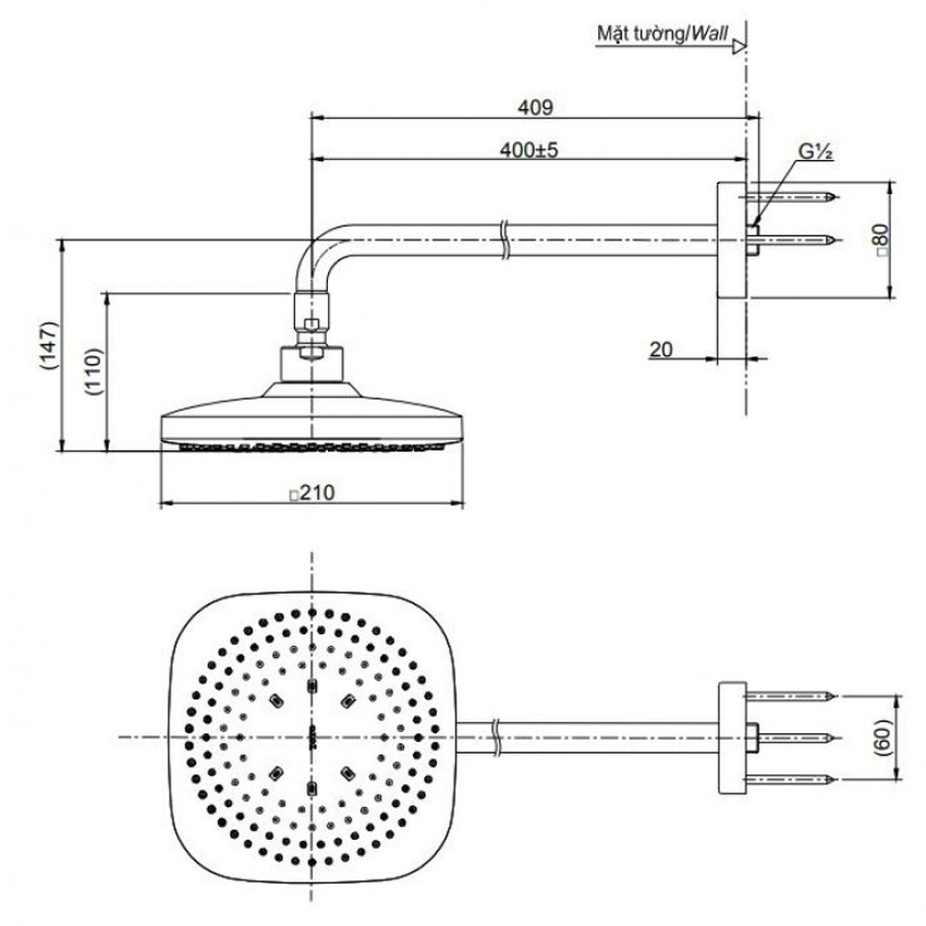 Bát sen tắm gắn tường TOTO TBW02003A (vuông, 210mm) 13 Chi tiết kỹ thuật Bát sen TOTO TBW02003A