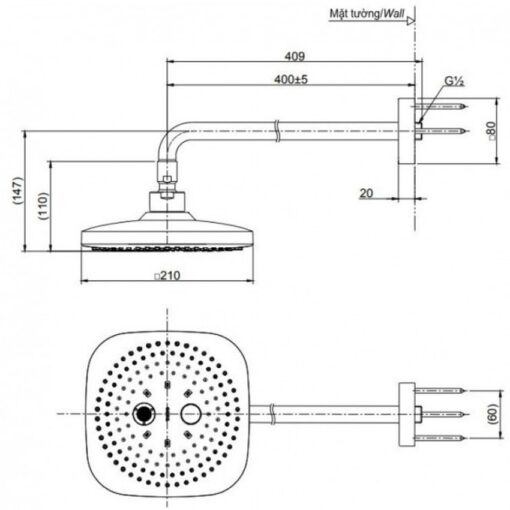 Bát sen tắm gắn tường TOTO TBW02004A (2 chế độ, vuông, 210mm)