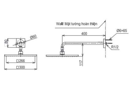 Bát sen tắm gắn tường TOTO TBW08003A (vuông, 300 mm)