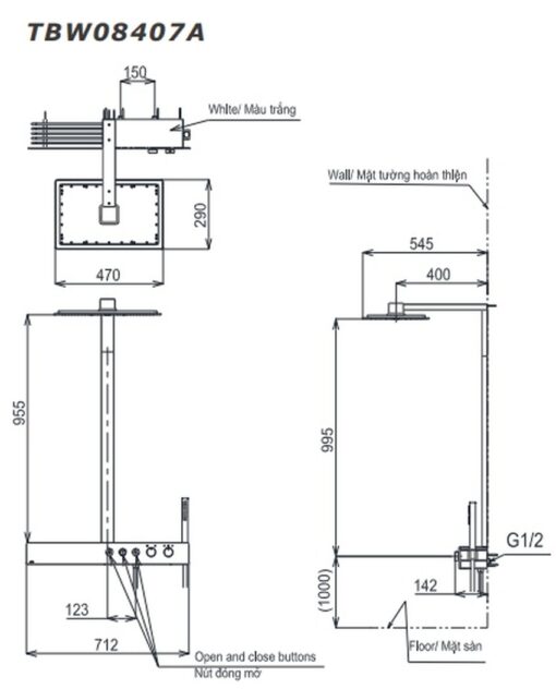 Bộ sen cây nhiệt độ TOTO TBW08407A dòng Z series kệ để đồ màu trắng