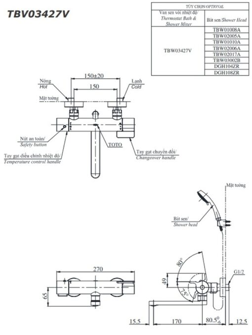 Bộ sen tắm nhiệt độ GG Series TOTO TBV03427V