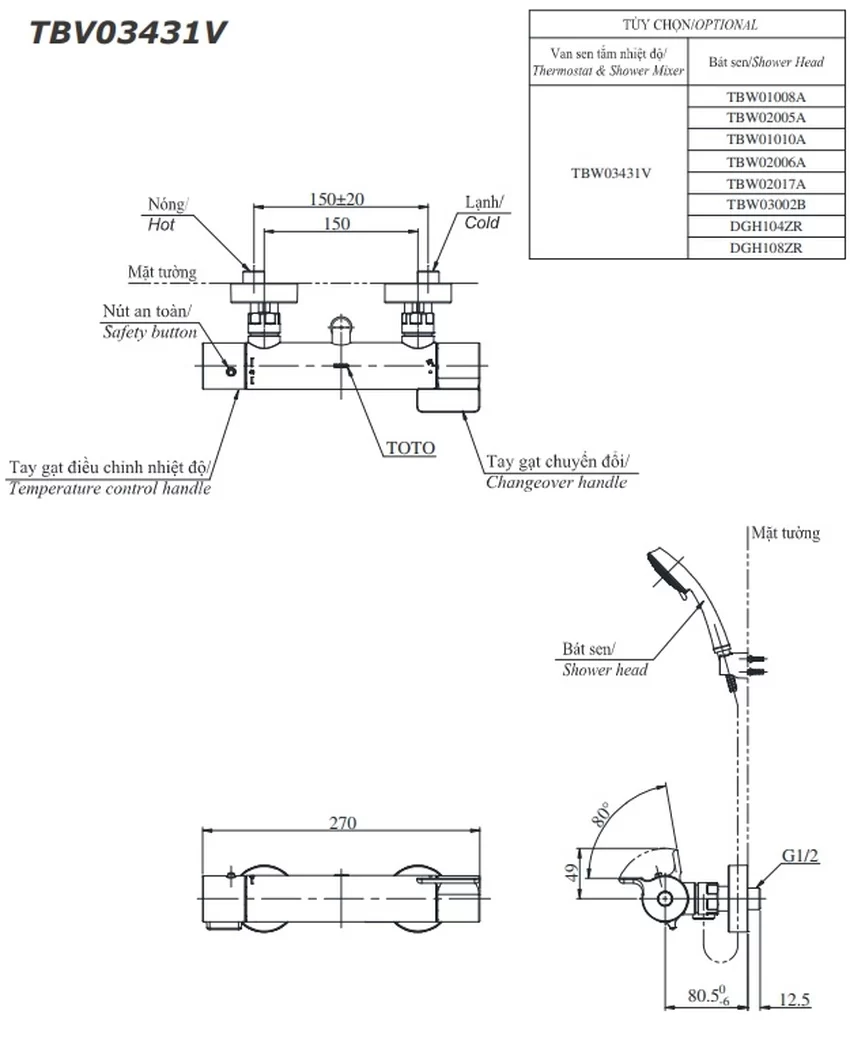 Bộ sen tắm nhiệt độ TOTO TBV03431V TBW01008V 6 Bộ sen tắm nhiệt độ TOTO TBV03431V TBW01008V