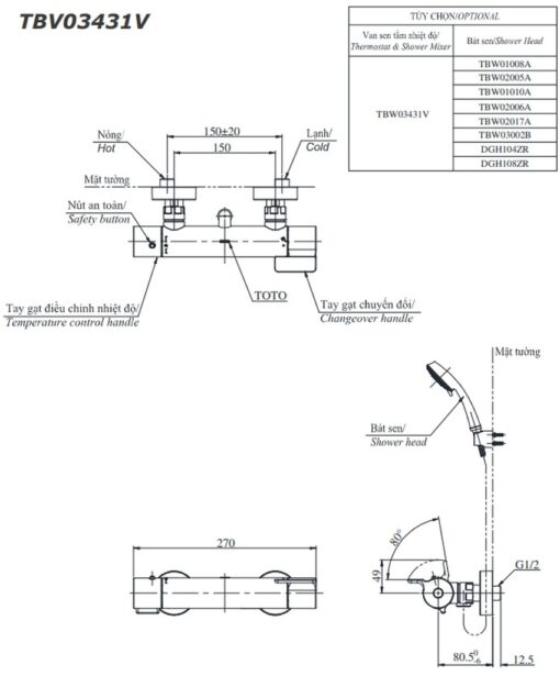 Bộ sen tắm nhiệt độ TOTO TBV03431V TBW01010A (3 chế độ)