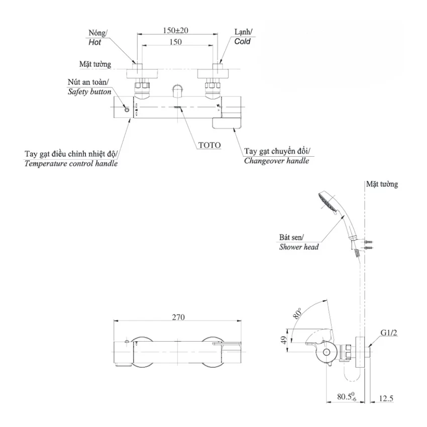 Bộ sen tắm nhiệt độ TOTO TBV03431V TBW02005A 5 Bộ sen tắm nhiệt độ TOTO TBV03431V TBW02005A
